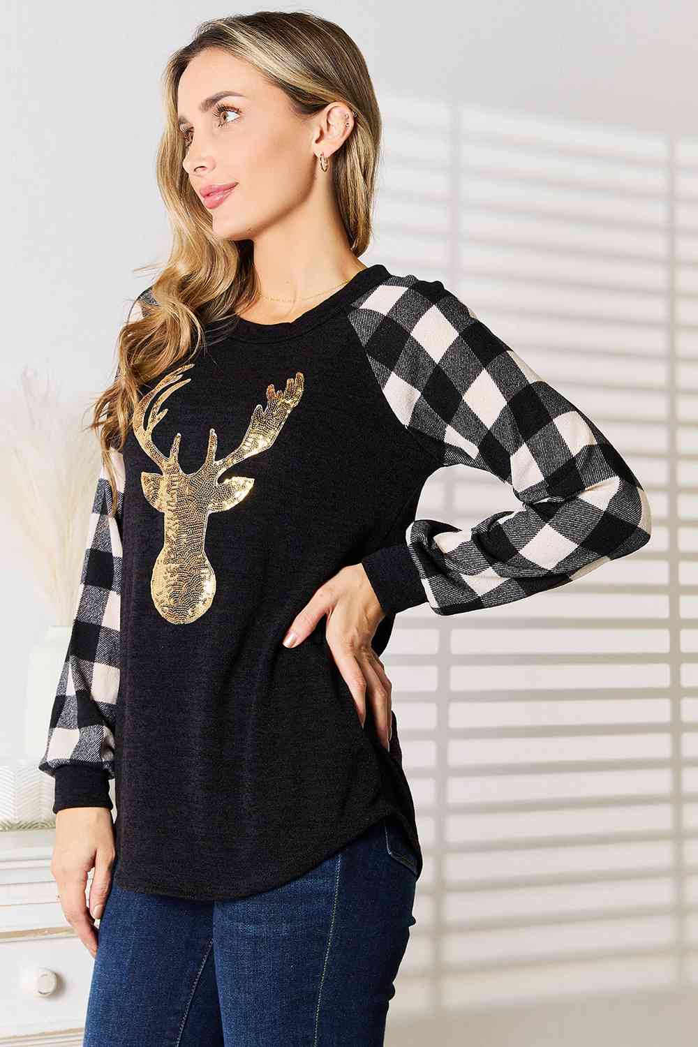 Sequin Reindeer Graphic Plaid Top