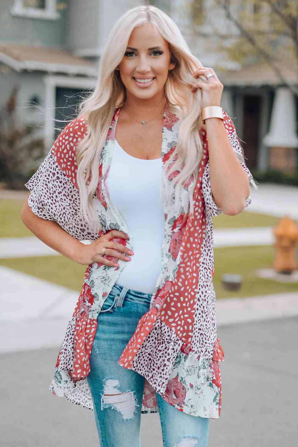 Mixed Print Ruffle Hem Kimono