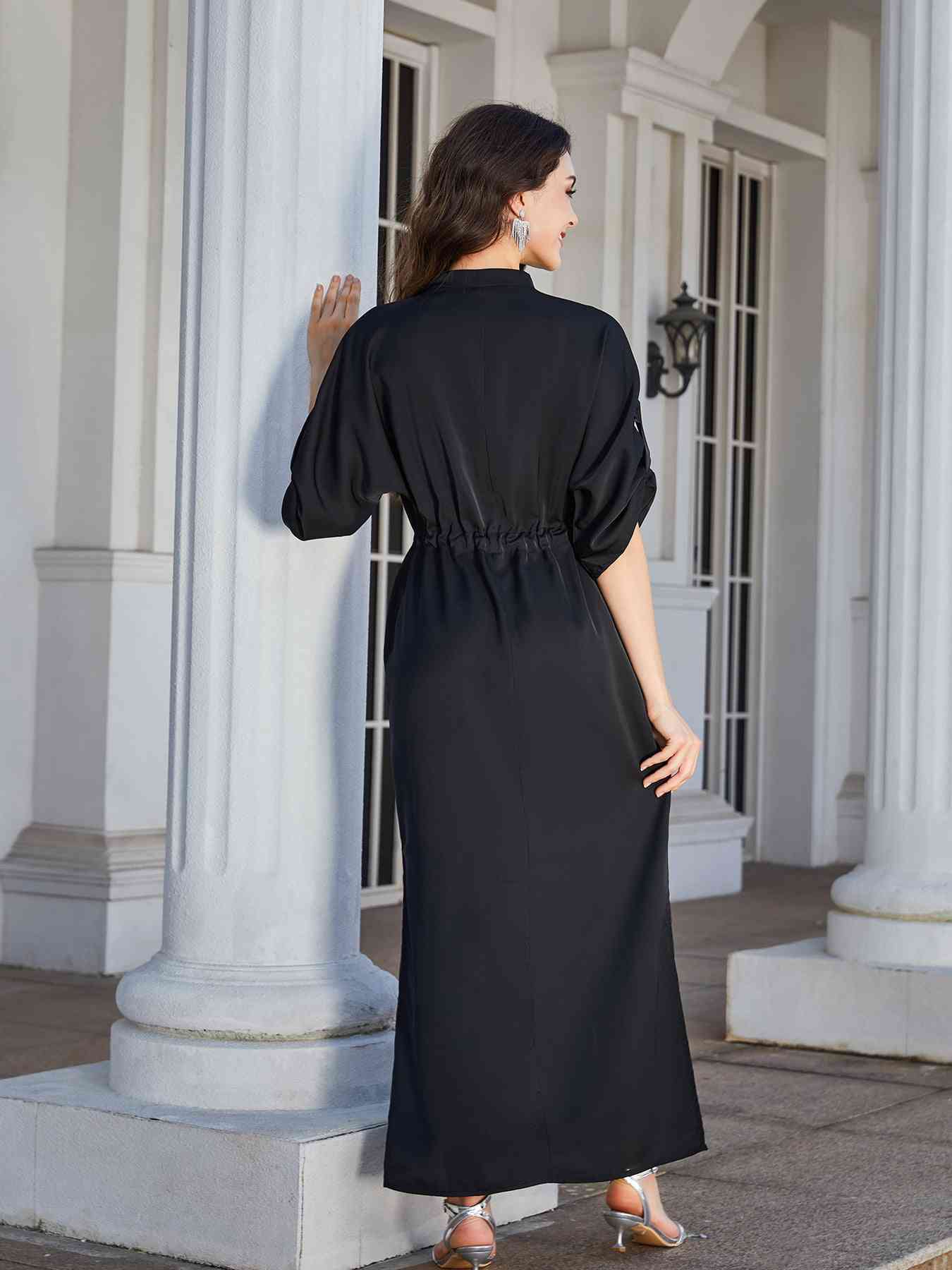 High Slit Roll-tab Sleeve Notched Neck Maxi Dress