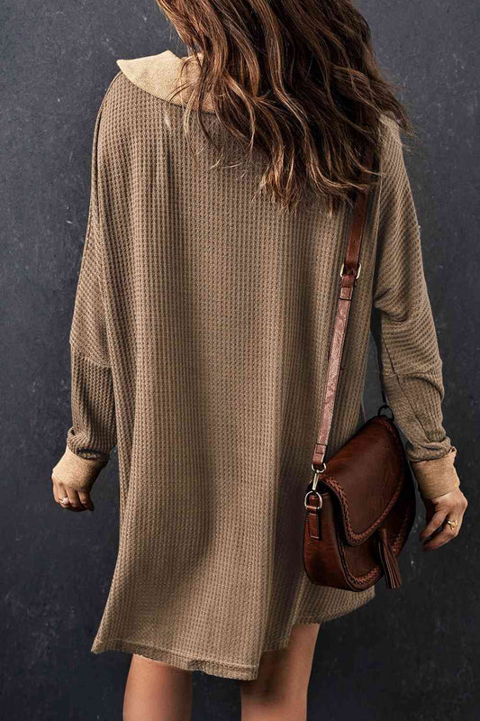 Waffle Knit Buttoned Long Sleeve Top with Breast Pocket