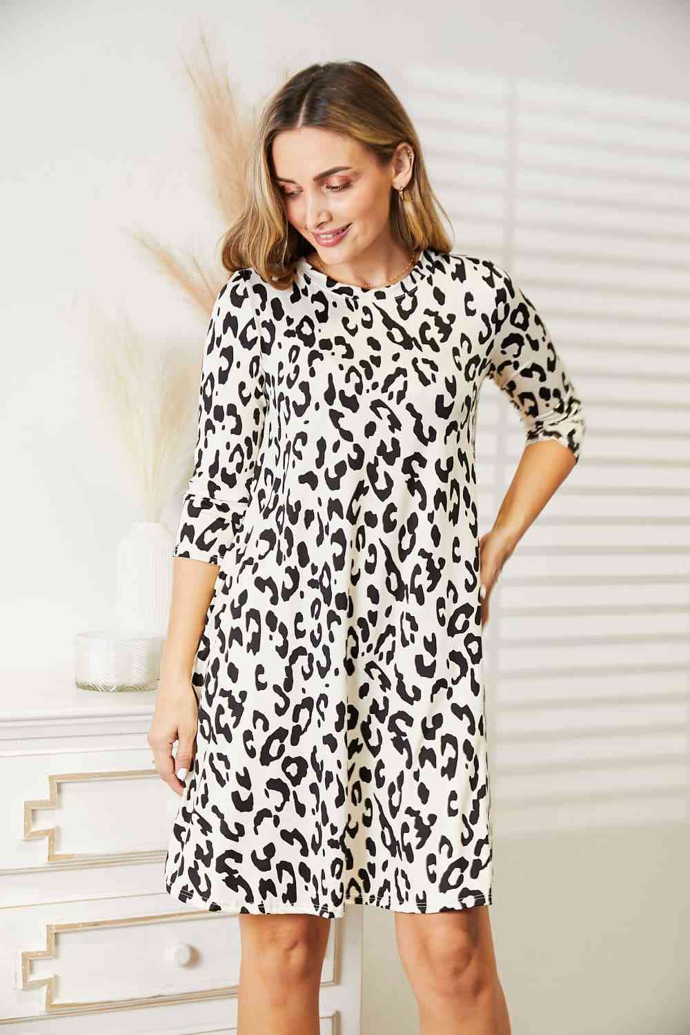 Leopard Three-Quarter Sleeve Dress with Pockets