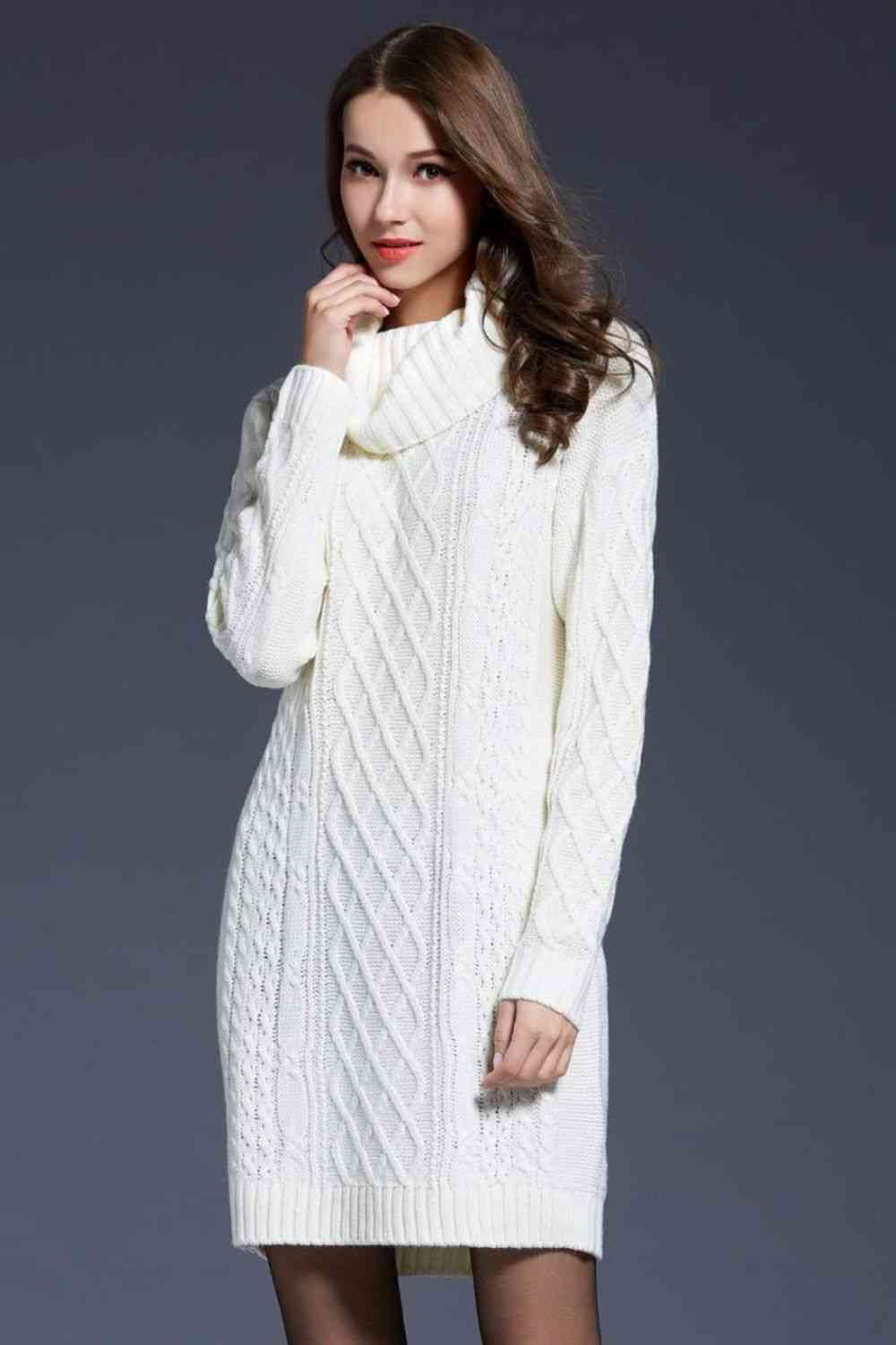 Woven Right Full Size Mixed Knit Cowl Neck Dropped Shoulder Sweater Dress