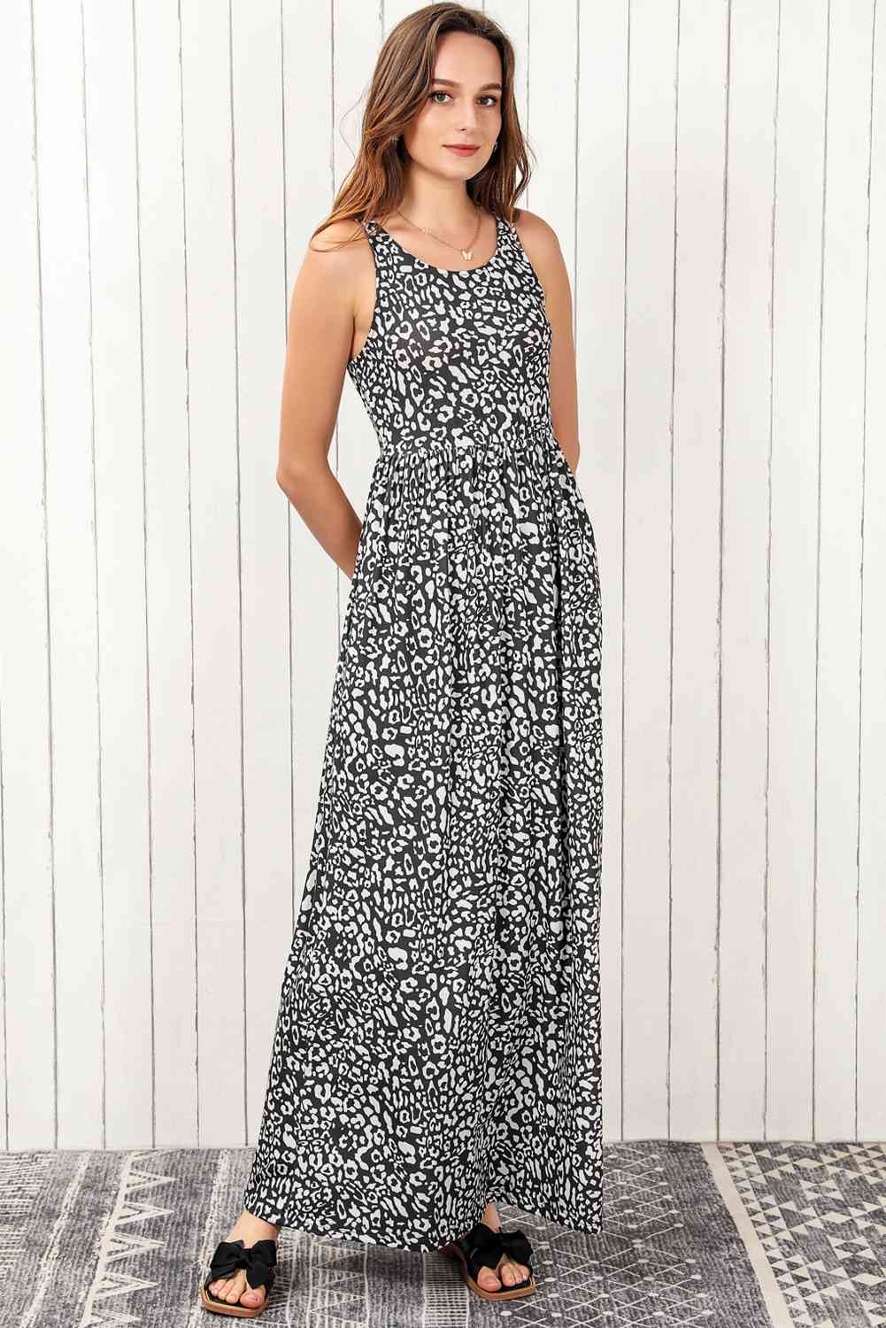 Leopard Round Neck Sleeveless Maxi Dress