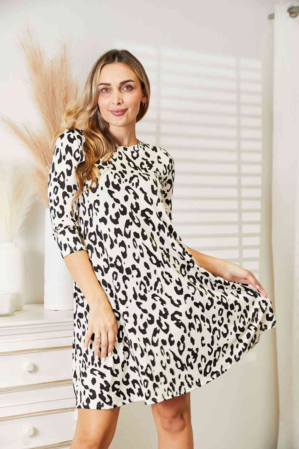 Leopard Three-Quarter Sleeve Dress with Pockets