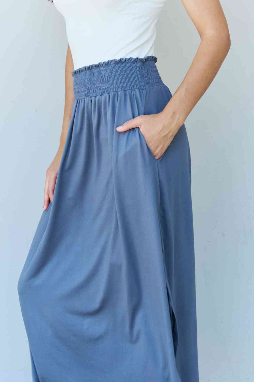 Doublju Comfort Princess High Waist Scoop Hem Maxi Skirt in Dusty Blue