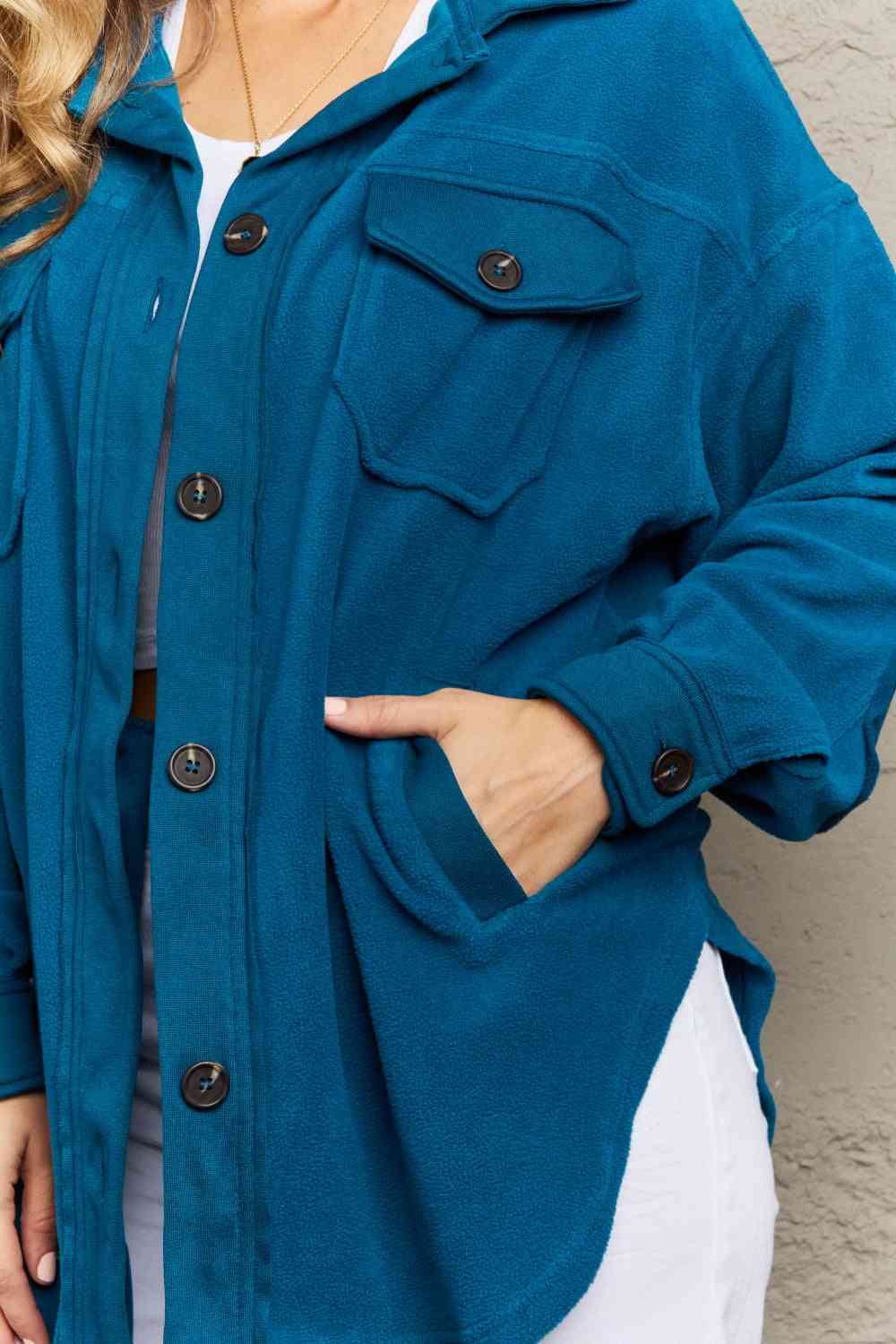 Cozy in the Cabin Fleece Elbow Patch Shacket in Teal