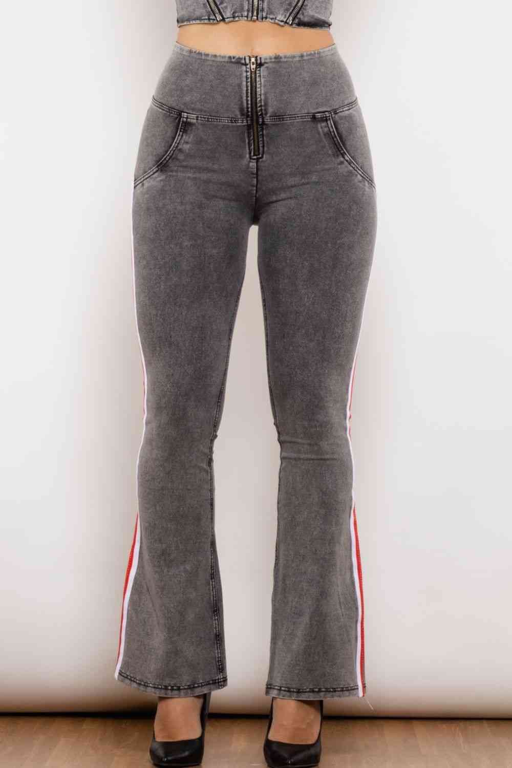 Side Stripe High Waist Zip Closure Jeans