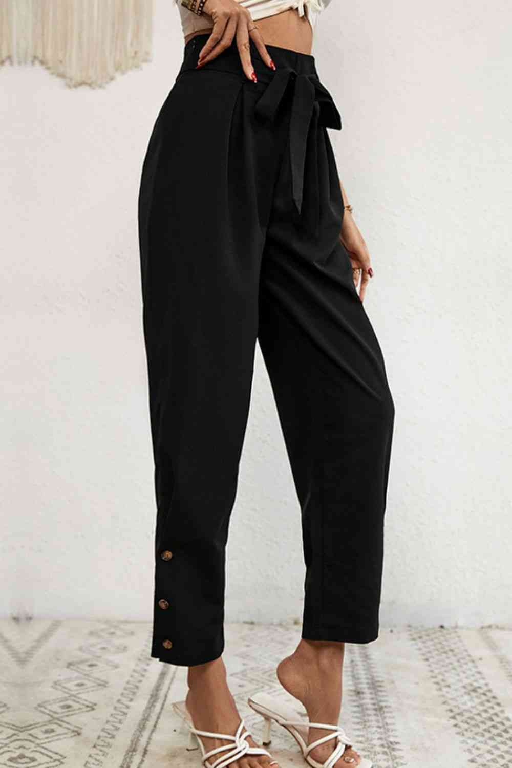 Buttoned Tie-Waist Cropped Pants