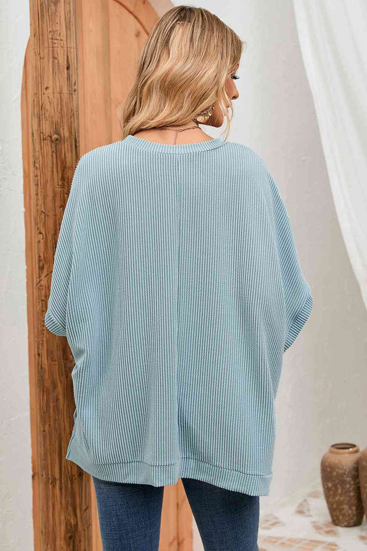 Double Take Full Size Round Neck Ribbed Slit Tunic Top