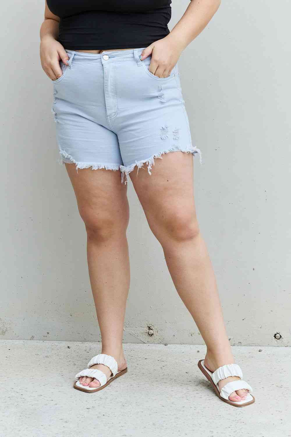 Katie High Waisted Distressed Shorts in Ice Blue