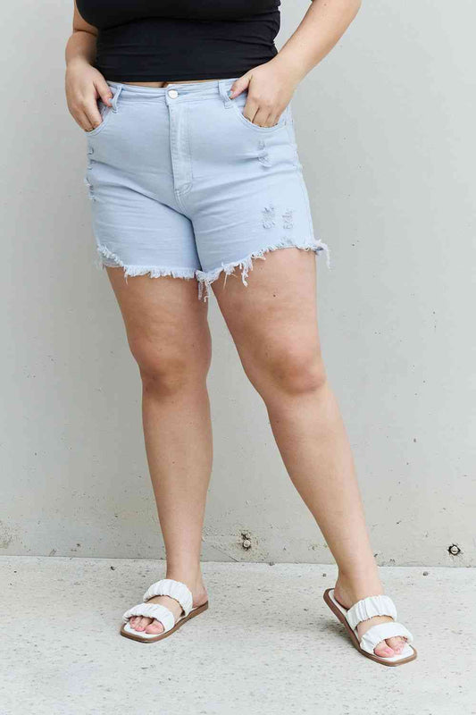 Katie High Waisted Distressed Shorts in Ice Blue