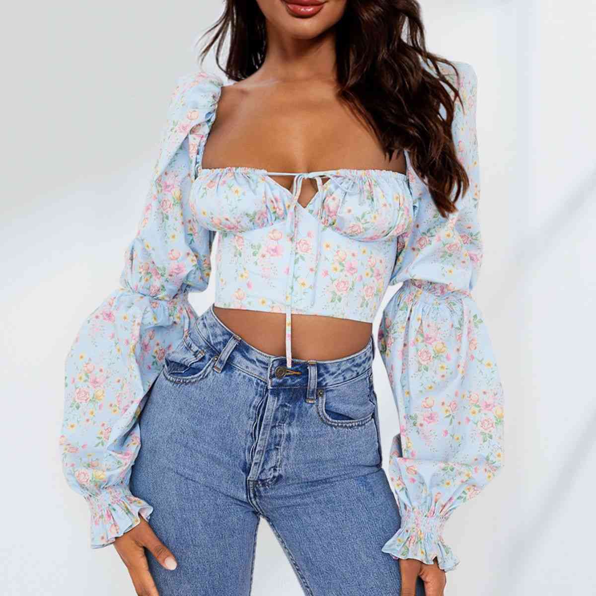 Double Take Cropped Sweetheart Neck Bubble Sleeve Blouse