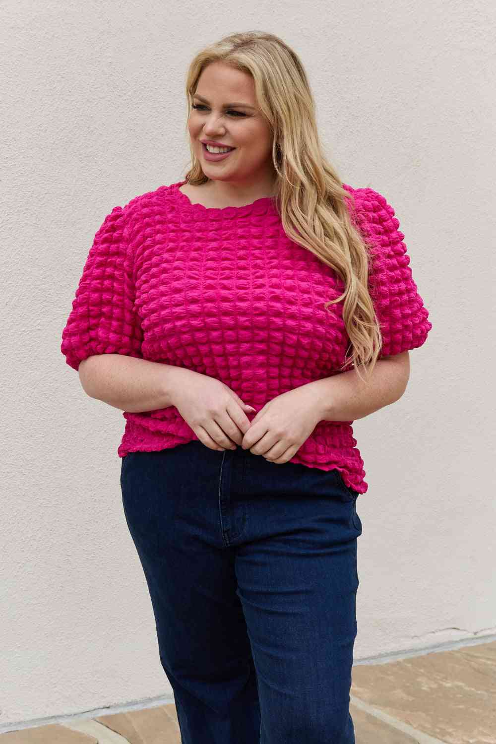 Bubble Textured Puff Sleeve Top