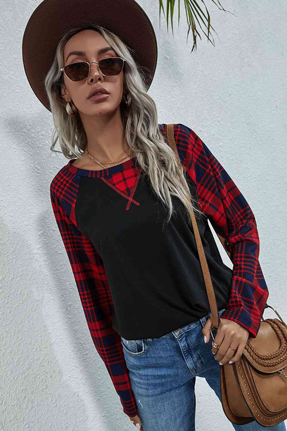 Double Take Plaid Print Long Raglan Sleeve Tee