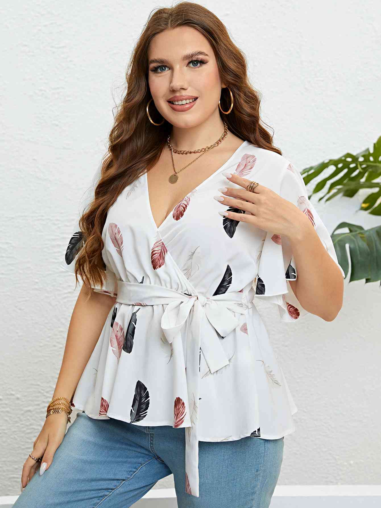 Feather Print Tied Flutter Sleeve Blouse