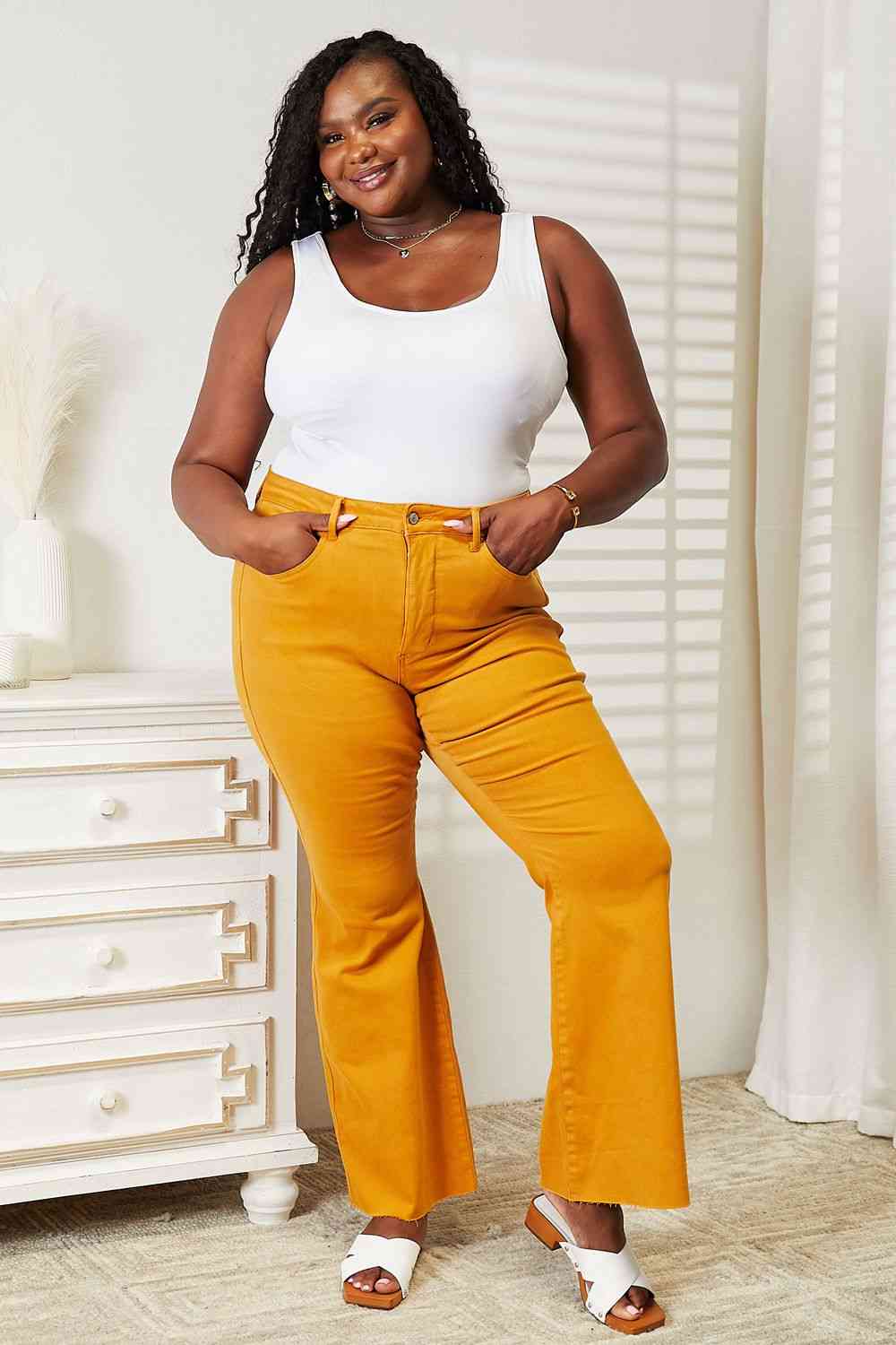 High Waist Tummy Control Garment Dyed Flare Jeans