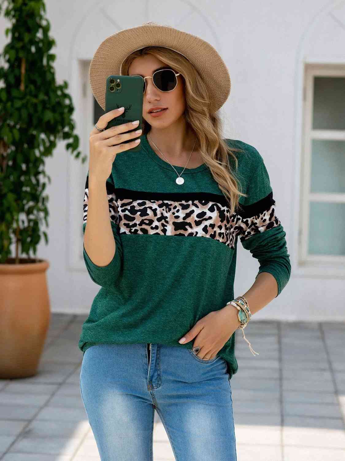 Leopard Round Neck Long Sleeve T-Shirt