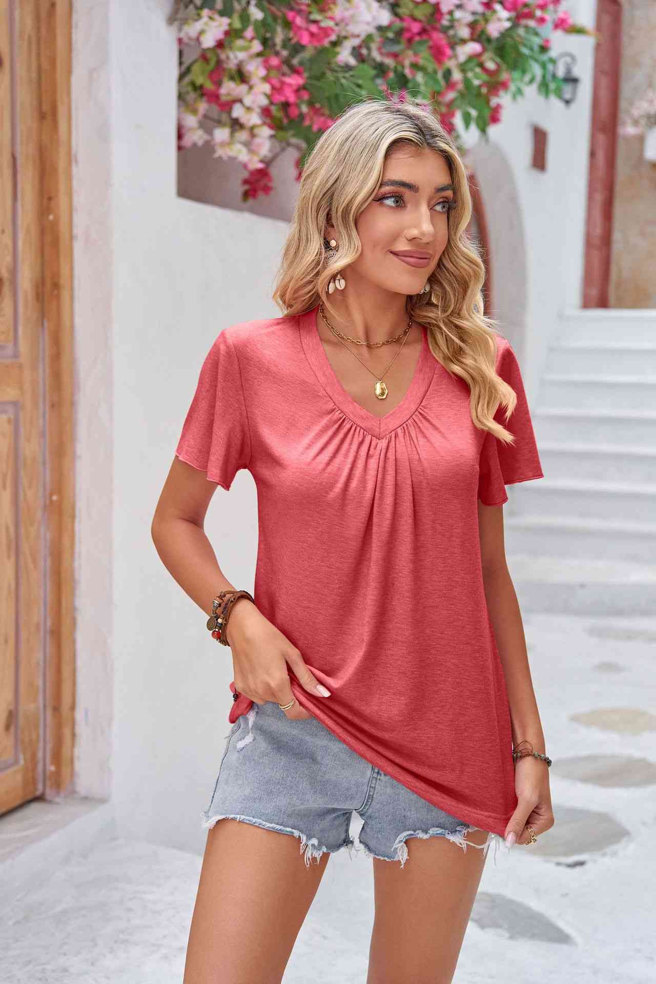 Ruched V-Neck Short Sleeve Tee