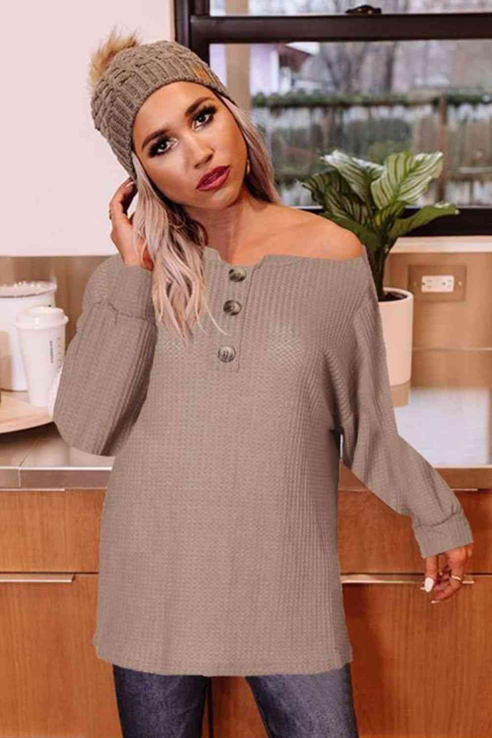 Double Take Buttoned Boat Neck Long Sleeve Blouse