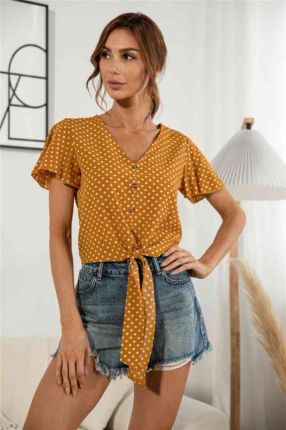 Decorative Button V-Neck Tied Blouse