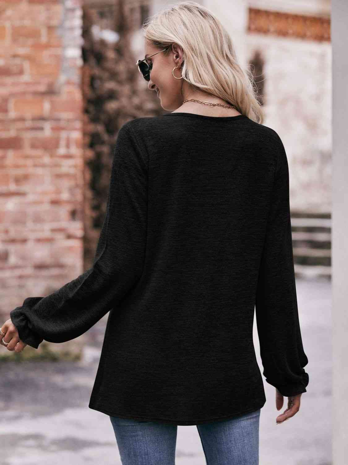 Double Take Long Flounce Sleeve Round Neck Blouse