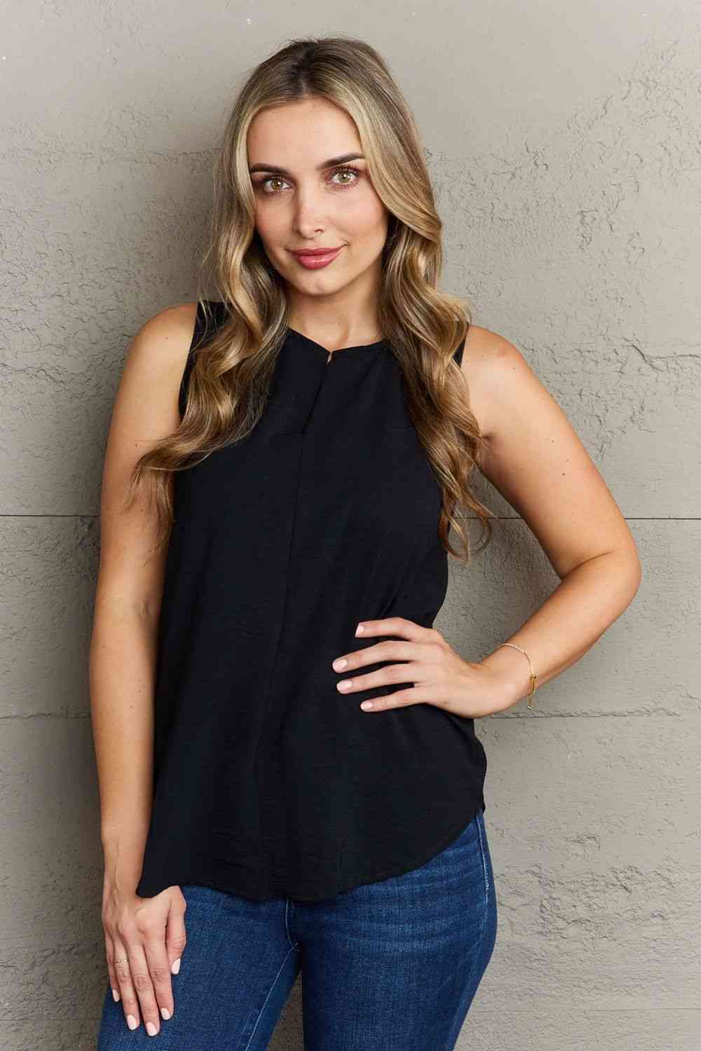 First Glance Sleeveless Neckline Slit Top