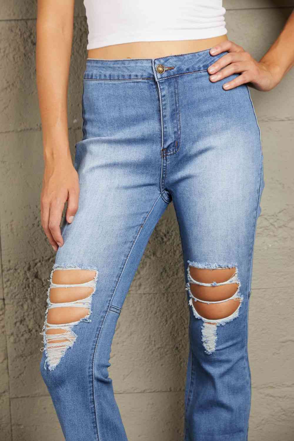 Baeful Distressed Raw Hem High-Waist Flare Jeans