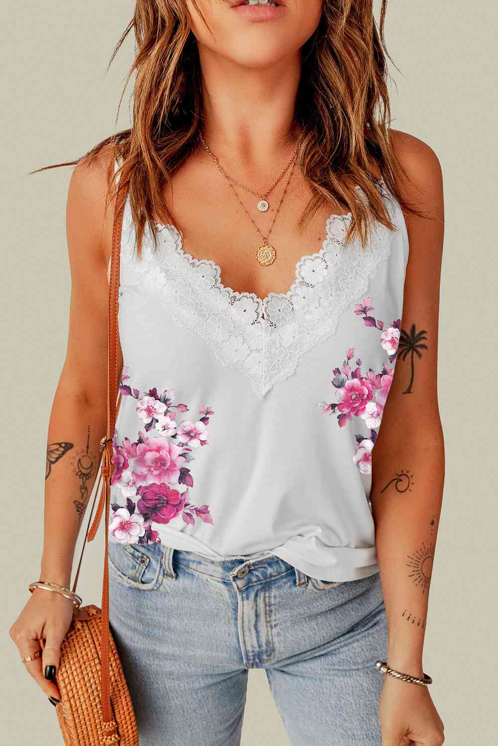 Floral Lace Trim Adjustable Strap Cami