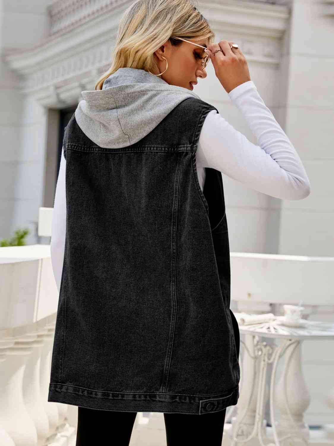 Drawstring Hooded Sleeveless Denim Top with Pockets