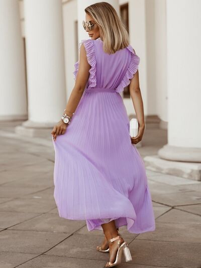 Tied Surplice Cap Sleeve Pleated Dress