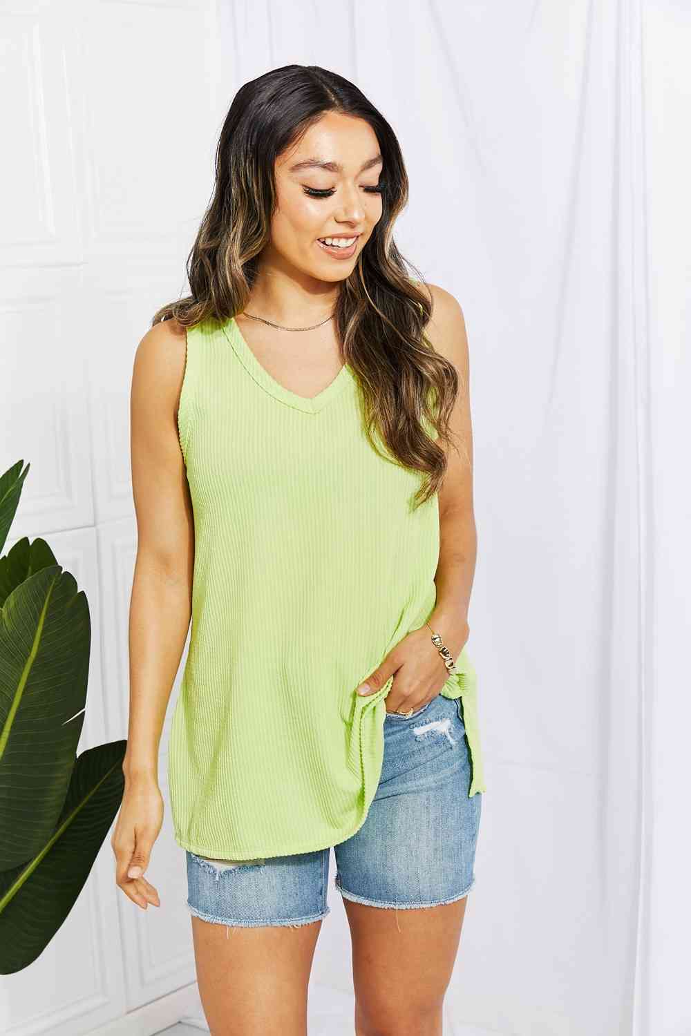 Chance of Sun Ribbed V-Neck Tank in Green