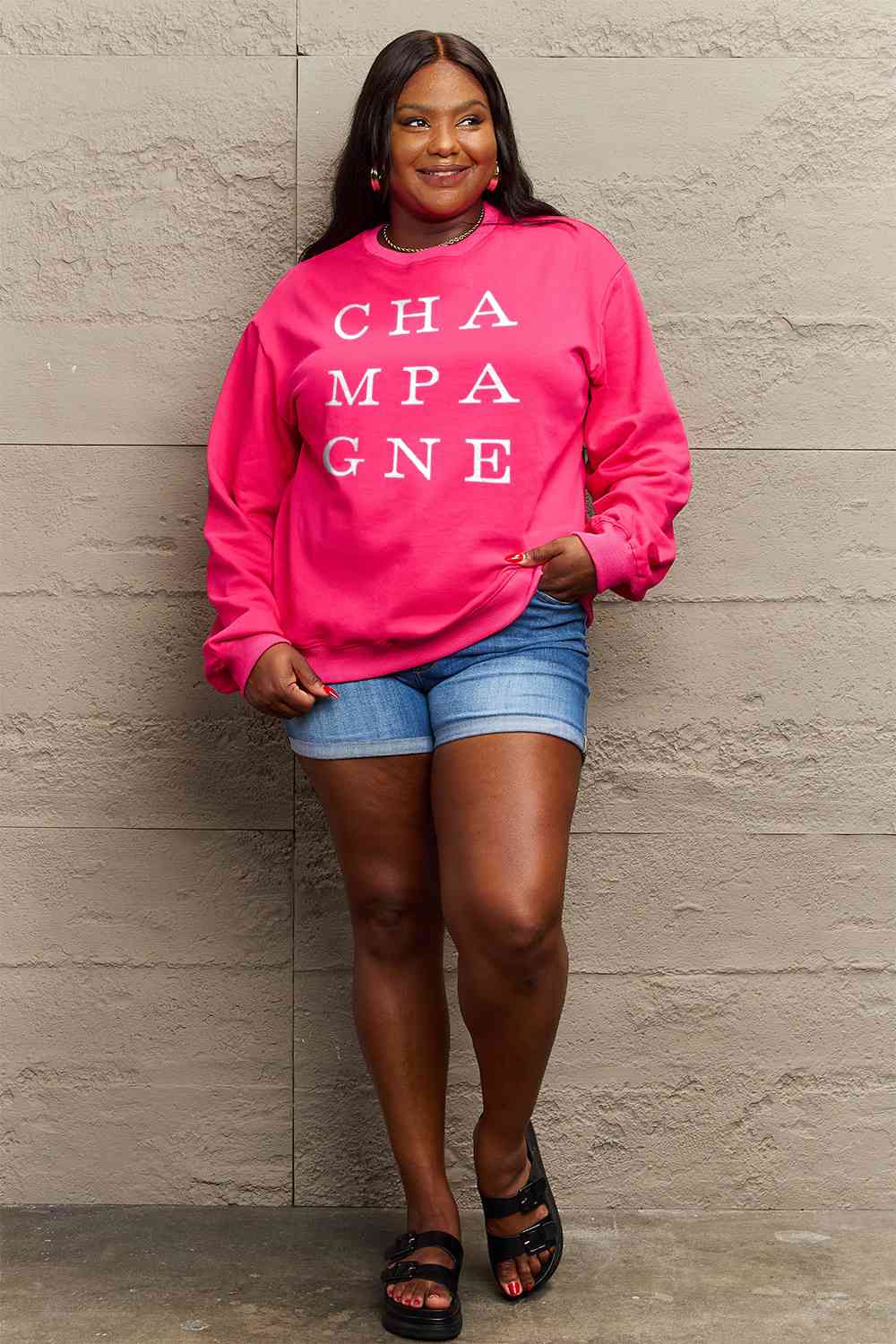 Simply Love Full Size CHAMPAGNE Graphic Long Sleeve Sweatshirt