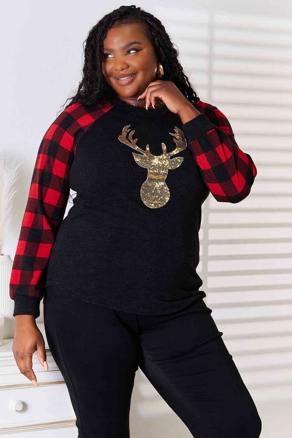 Sequin Reindeer Graphic Plaid Top