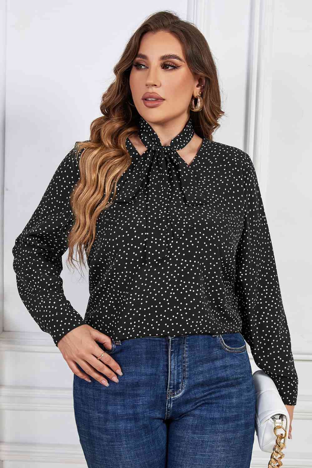 Melo Apparel Plus Size Printed Tie Neck Long Sleeve Blouse