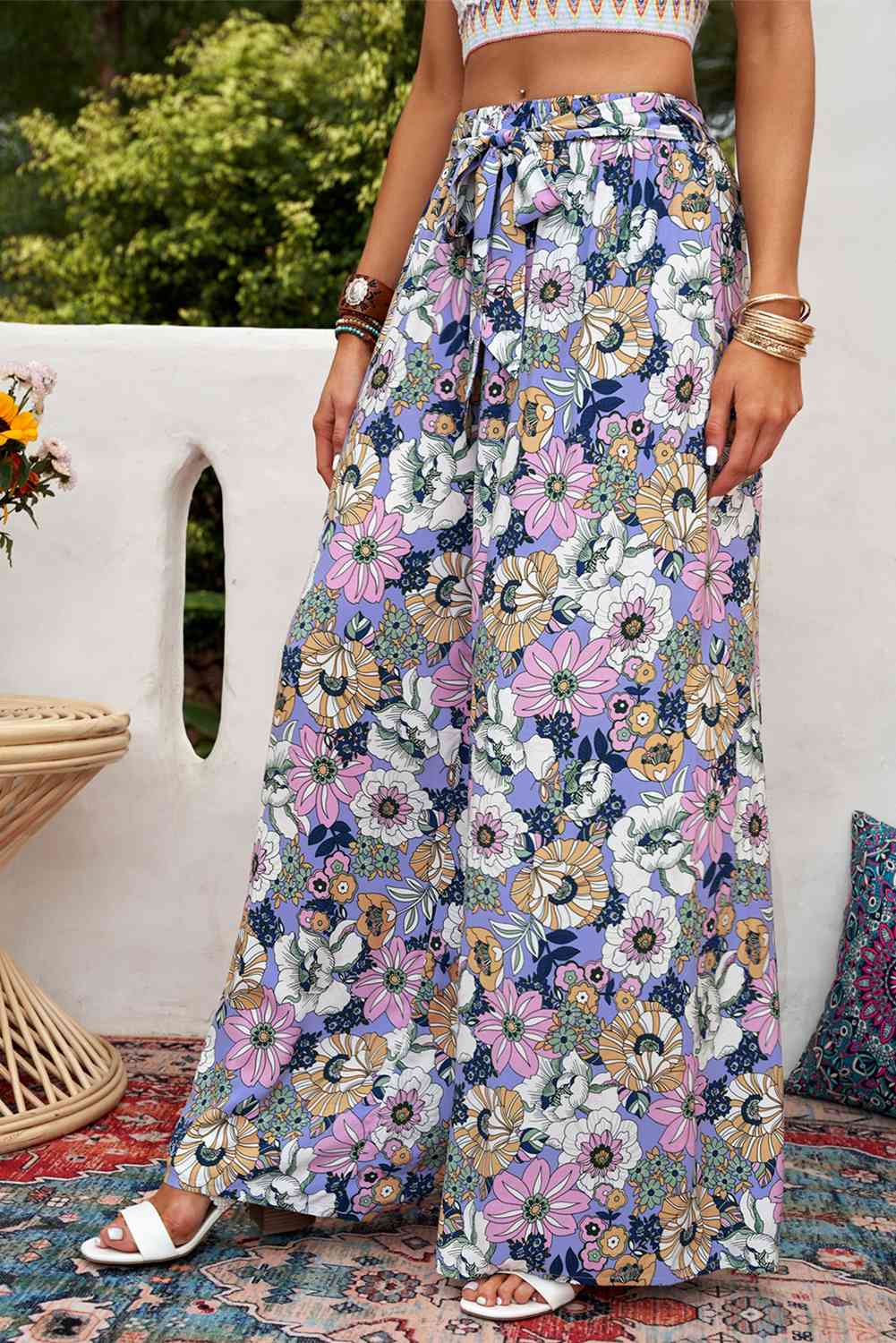 Floral Tie Belt Wide Leg Pants