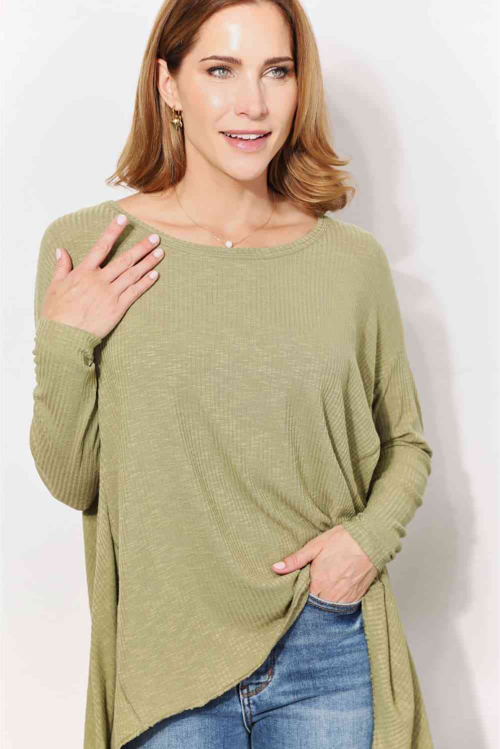 Oversized Super Soft Rib Layering Top with a Sharkbite Hem and Round Neck