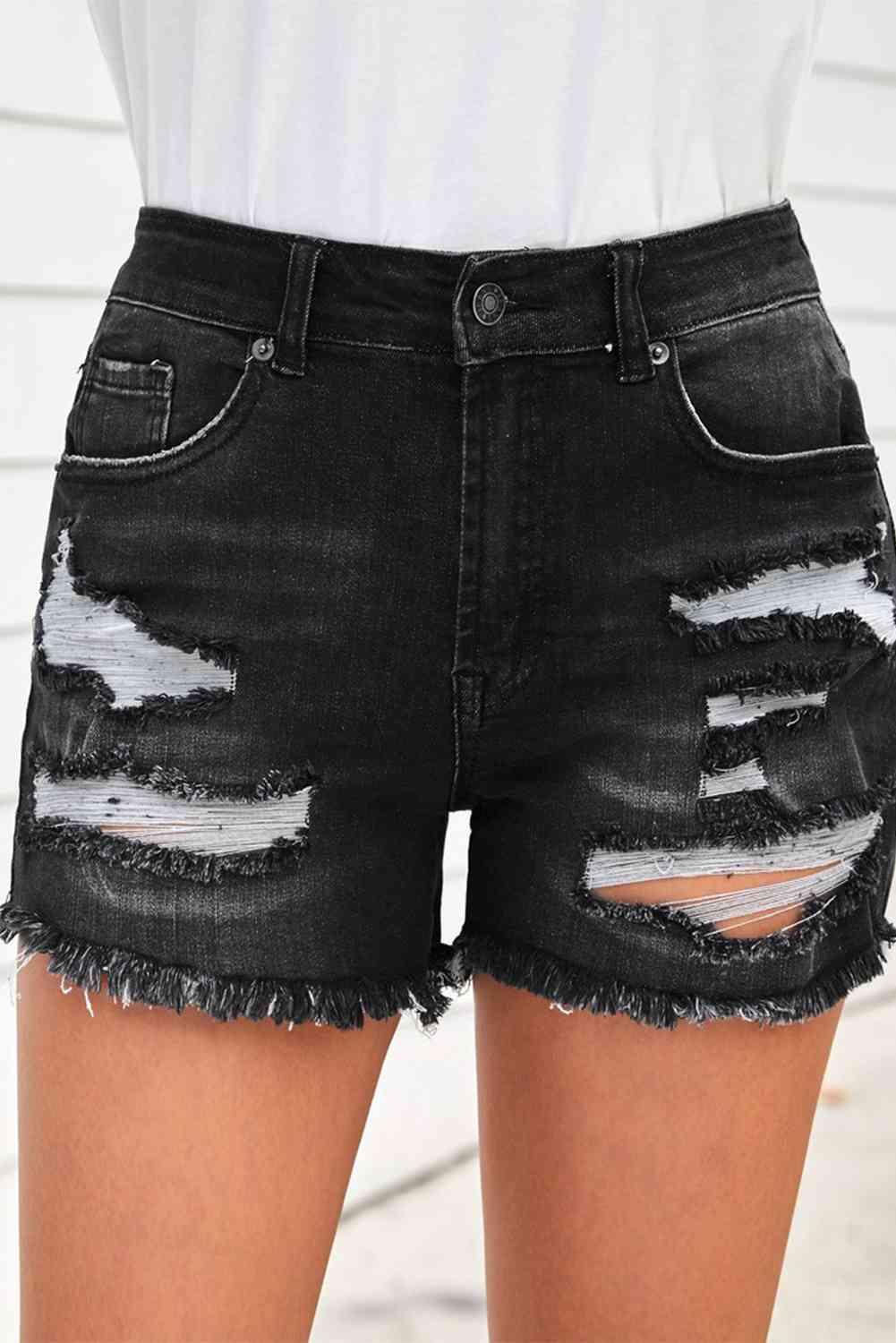 Raw Hem Distressed Denim Shorts with Pockets