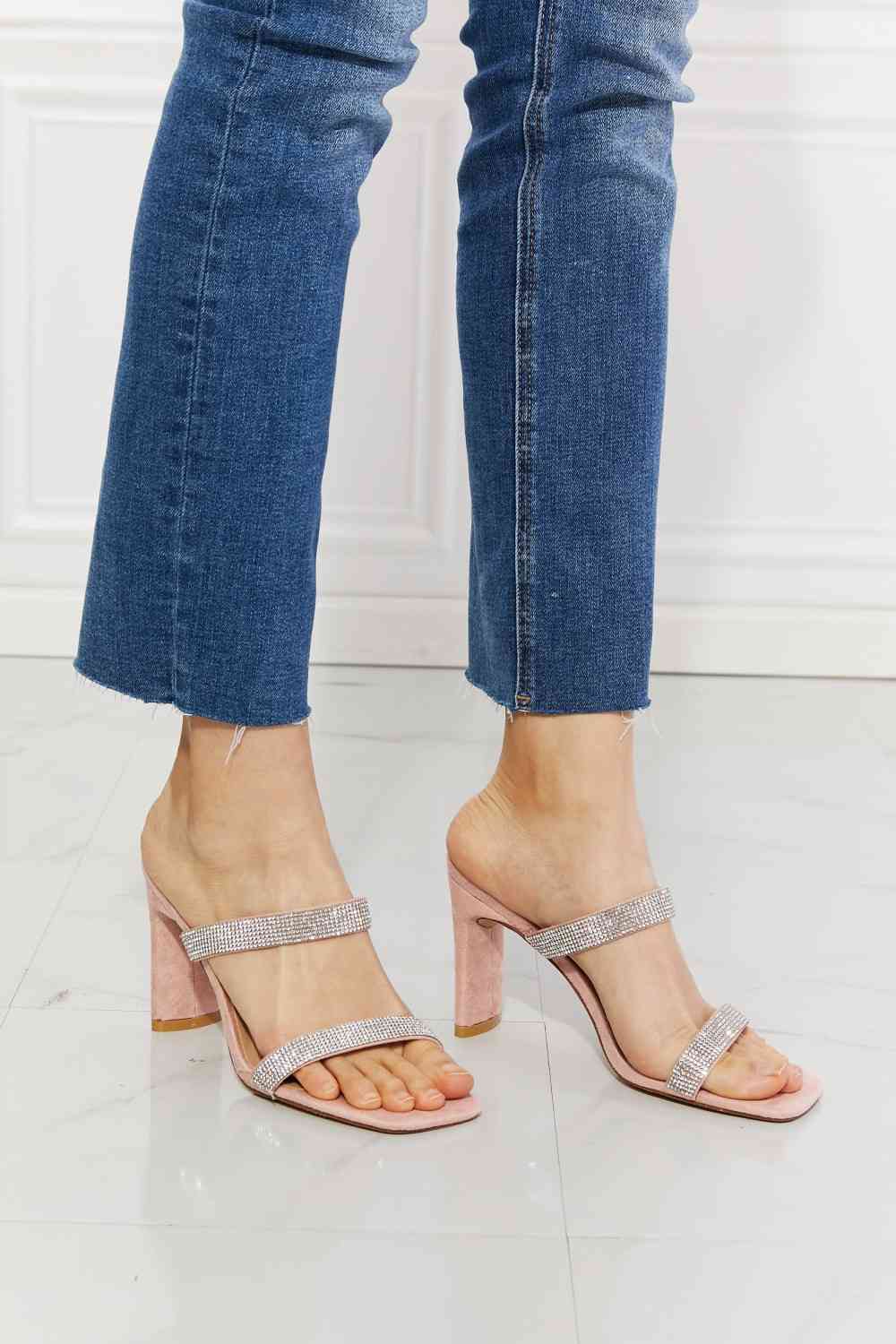 Leave A Little Sparkle Rhinestone Block Heel Sandal in Pink