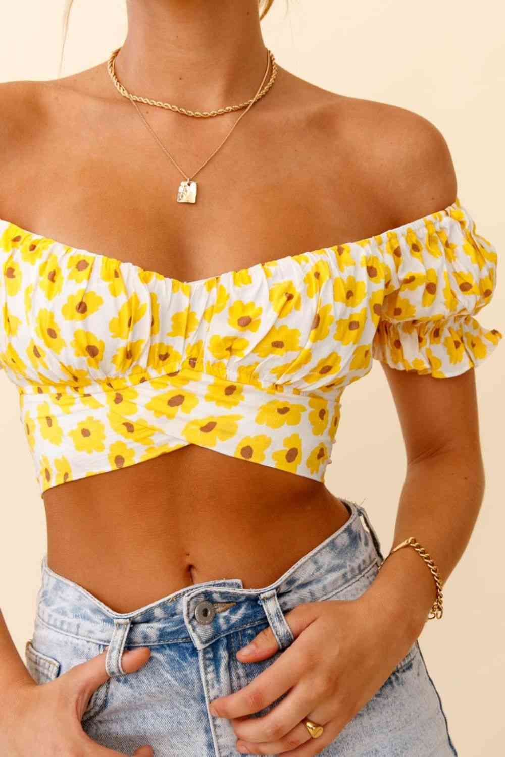 Flower Print Ruffle Trim Off-Shoulder Back Tie Blouse