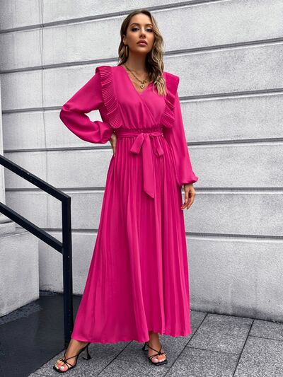 Pleated Surplice Tie Waist Maxi Dress