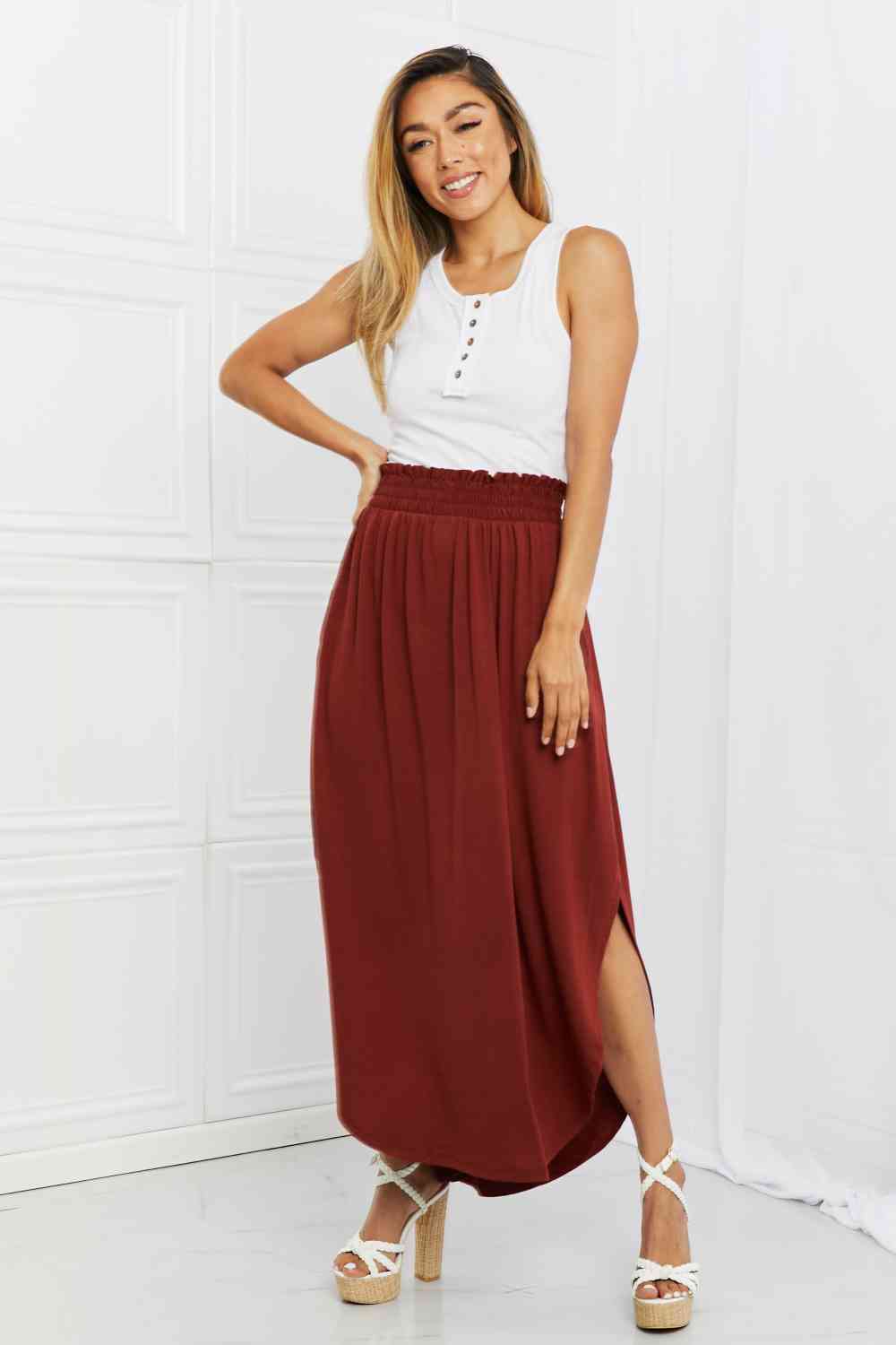 It's My Time Side Scoop Scrunch Skirt in Dark Rust