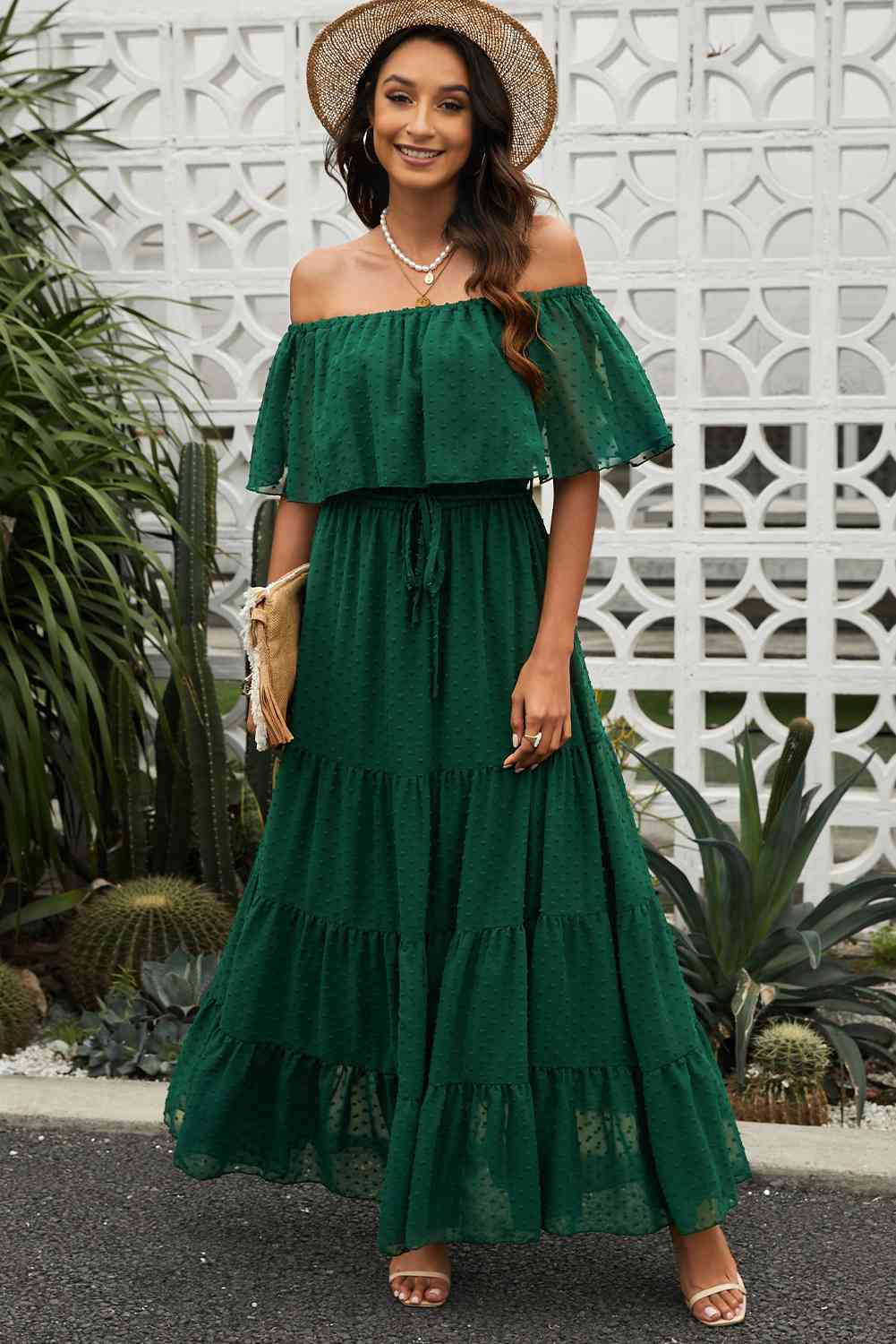 Swiss Dot Off-Shoulder Tiered Maxi Dress