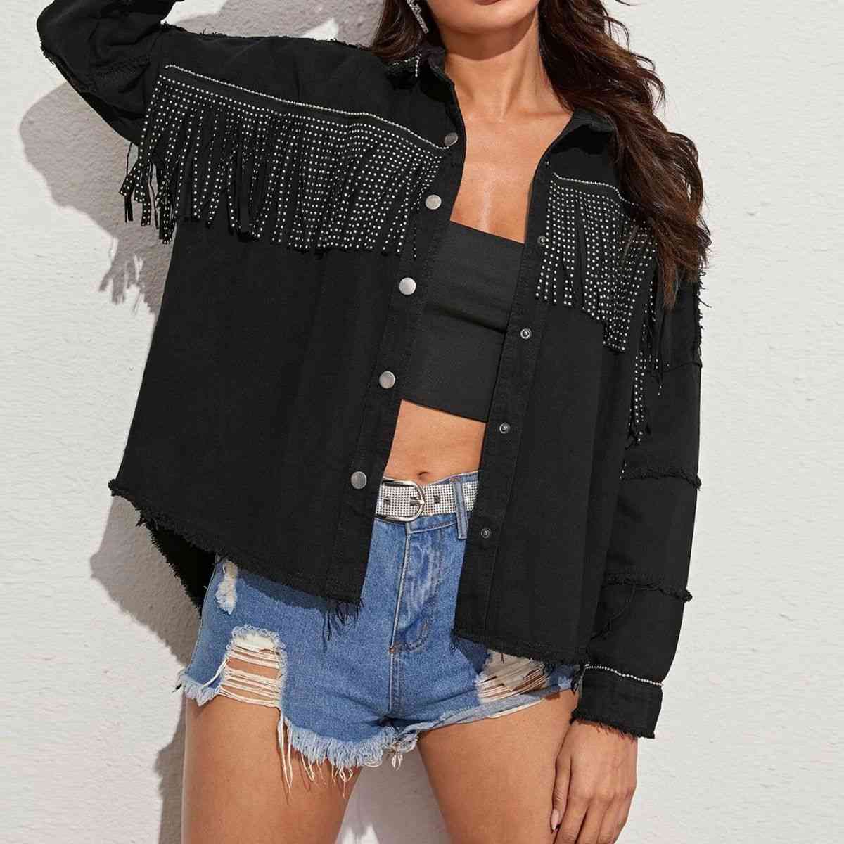 Fringe Detail Button-Down Collared Neck Denim Jacket