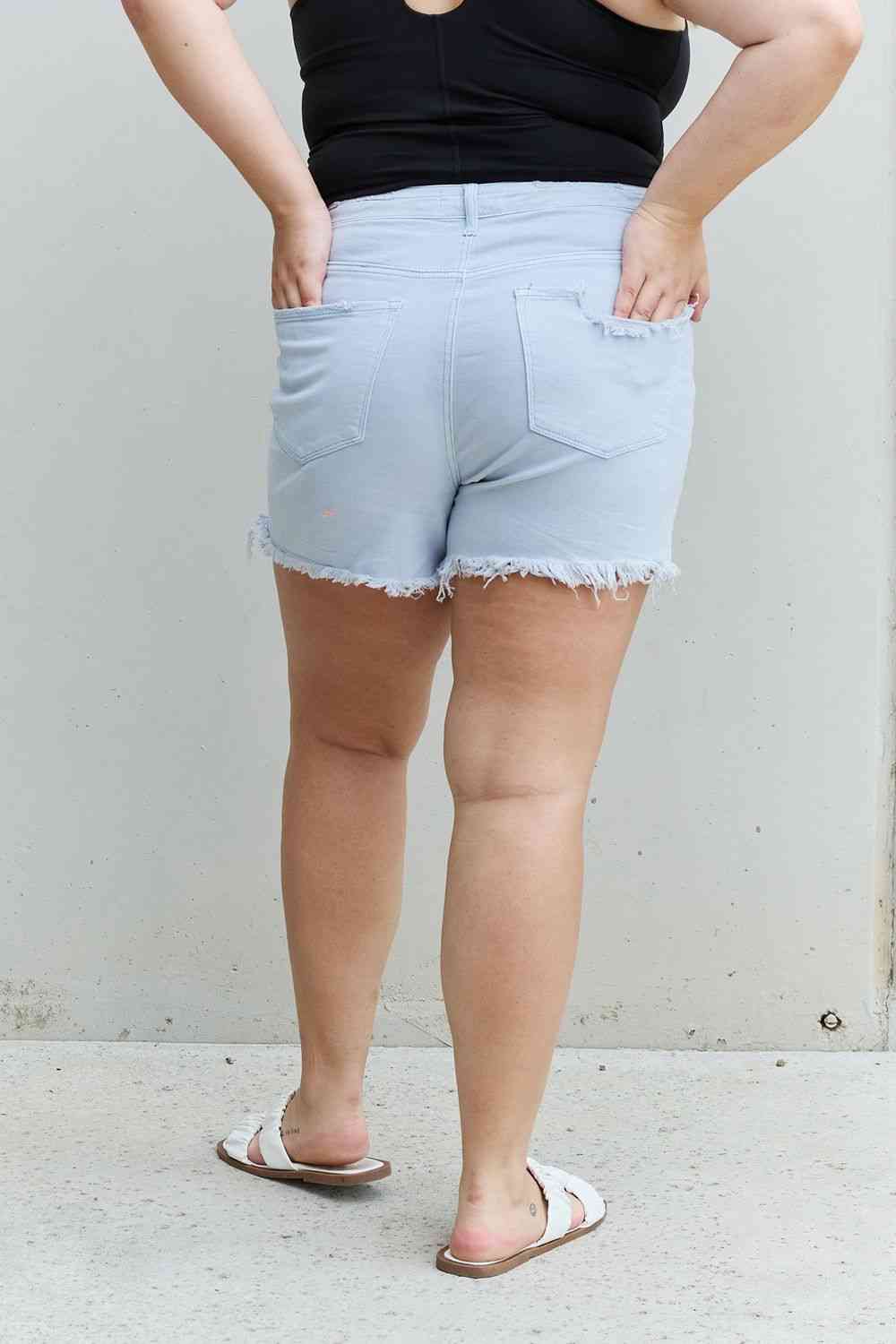 Katie High Waisted Distressed Shorts in Ice Blue