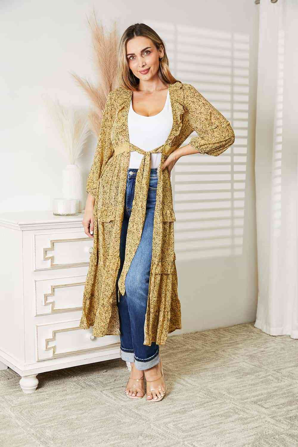 Tie Front Ruffled Duster Cardigan