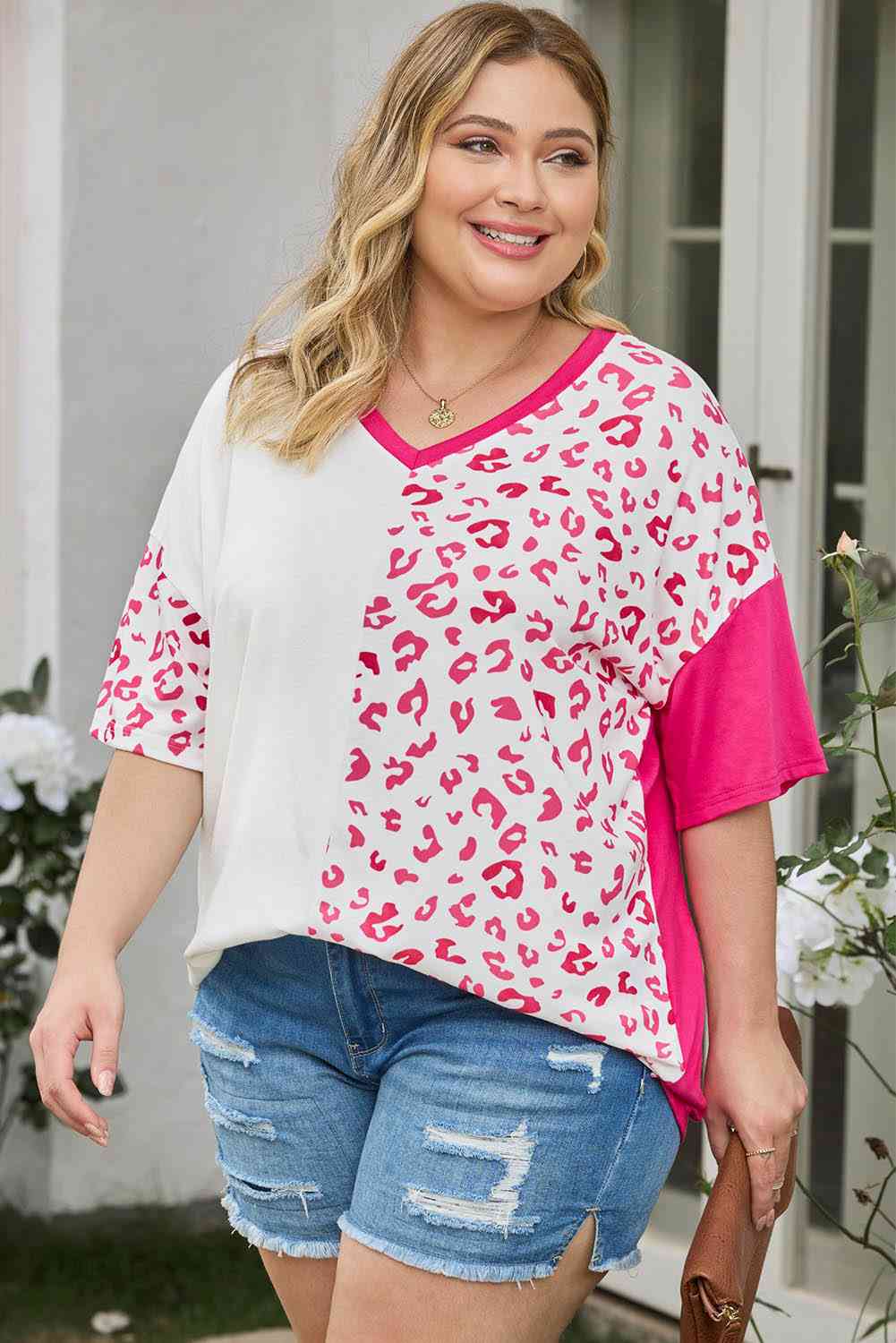 Plus Size Leopard V-Neck T-Shirt