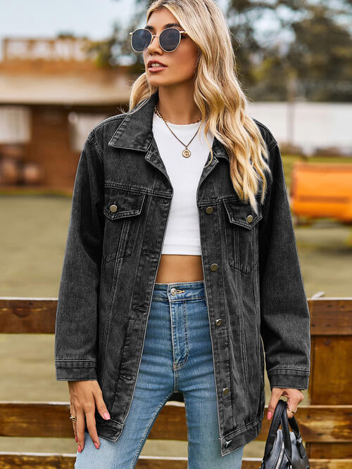 Collared Neck Denim Jacket With Pockets