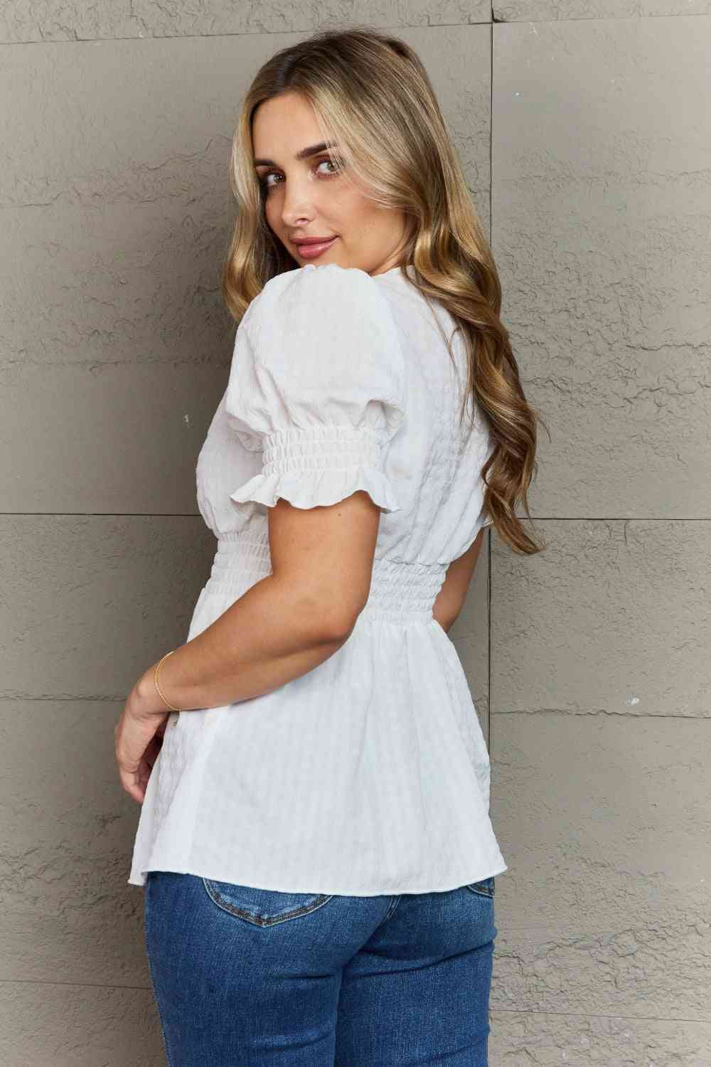 Sweet Serenity V-Neck Puff Sleeve Button Down Top