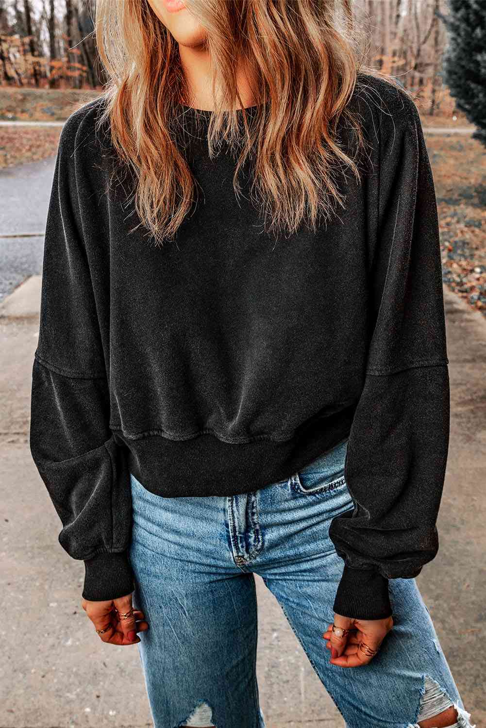 Double Take Round Neck Open Back Sweatshirt