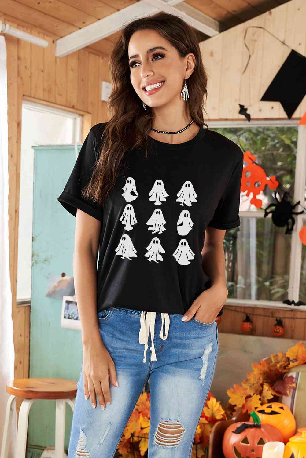 Round Neck Short Sleeve Ghost Graphic T-Shirt